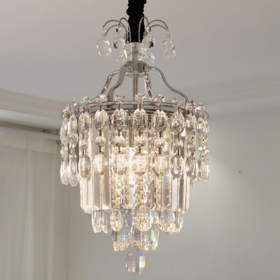 3-Light Tiered Ceiling Chandelier Modernism Chrome Finish Faceted Crystal Hanging Lighting