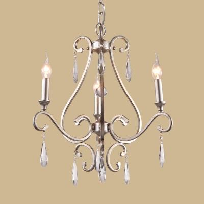 3 Lights Crystal Drop Lamp Rustic Gold Candle Bedroom Chandelier Light Fixture with Scroll Frame