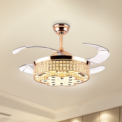 4 Blades Round Bedroom Ceiling Fan Light Crystal Block LED Modernist Semi Flush Mount in Gold, 42