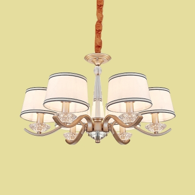6-Bulb Chandelier Modernism Bedroom Hanging Light Kit with Stripe-Trim Round Fabric Shade in Gold