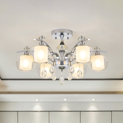 6-Light Cup Semi Flush Mount Chandelier Modern Chrome Clear and Frosted Glass Ceiling Lamp with Crystal Drop