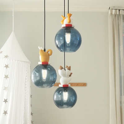 Animal Stuck In Ball Drop Pendant Cartoon Blue Glass 3-Light Bedroom Multiple Hanging Light
