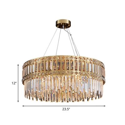 Antiqued Gold 10-Bulb Chandelier Crystal Rod Drum Shape Hanging Lamp for Living Room