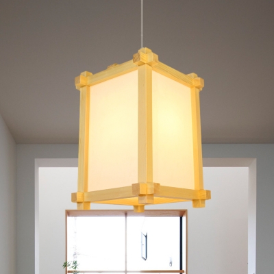 Beige Rectangle Ceiling Hanging Lantern Japanese Style 1-Light Wood Pendant Light for Sushi House