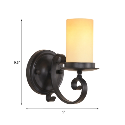 Black Scroll Arm Wall Light Rustic Iron Single Bedside Sconce Lighting with Pillar Frosted Glass Shade