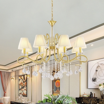 Brass 8 Heads Ceiling Chandelier Country Fabric Cone Shade Suspension Lamp with Crystal Drapes