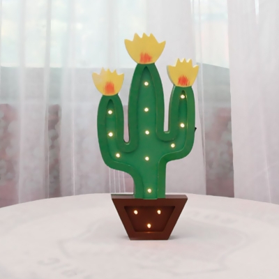 Cactus Wooden Battery Powered Wall Light Kids Green and Grey LED Night Stand Lamp