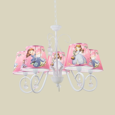 Cartoon Scroll Arm Chandelier Metal 5/6-Head Bedroom Pendant Ceiling Light with Shade in Pink/White