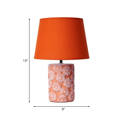 Carved Cylinder Ceramic Table Lighting Macaron 1 Head Pink Night Lamp with Orange Drum Shade