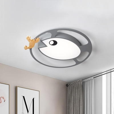 Circle Acrylic Flush Ceiling Light Creative Grey/Green LED Flush Mount with Wooden Shrimp Decor