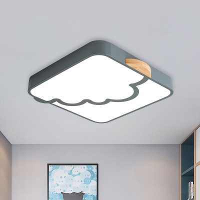 Cloud Pattern Square Acrylic Flushmount Macaron Grey/White/Green Integrated LED Ceiling Lighting with Wood Accent