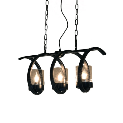 Coiled Iron Hanging Island Light Industrial 3/5-Head Dining Table Pendant in Black with Inner Cup Clear Glass Shade