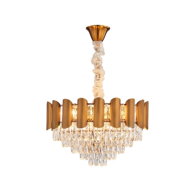 Conical Beveled-Cut Crystal Drop Lamp Postmodern 6-Head Dining Table Pendant Chandelier in Brass
