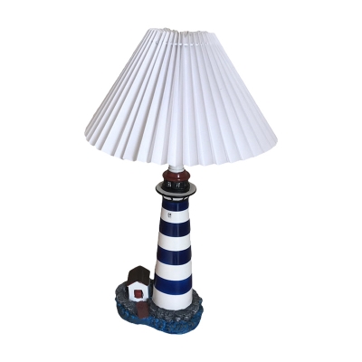 Conical Pleated Fabric Night Lamp Kid Single Black and White Table Light with Tower Base for Children Room