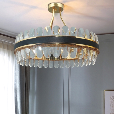 Crystal Circular Semi Flush Mount Modern Dining Room LED Flush Light in Black and Gold