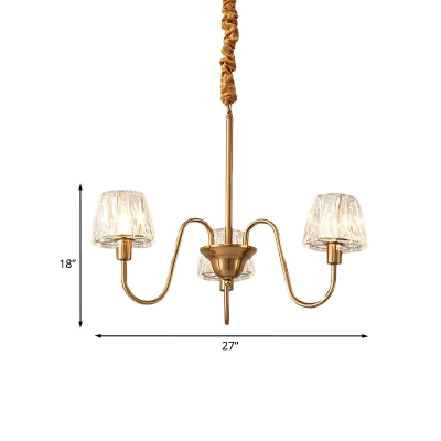 Crystal Cone Ceiling Chandelier Postmodern 3/6-Bulb Living Room Hanging Light with Gold Undulated Arm