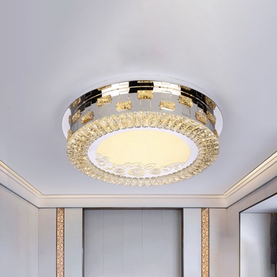 Crystal Drum Ceiling Mounted Lamp Simplicity Bedroom LED Flush Mount with Flower Pattern in Chrome