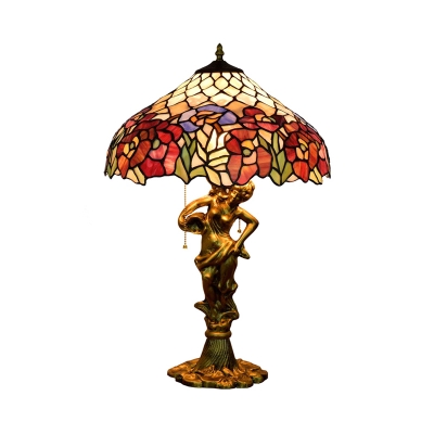 Cut Glass Bronze Night Lamp Blossom 3 Bulbs Tiffany Style Woman Table Lighting with Pull Chain