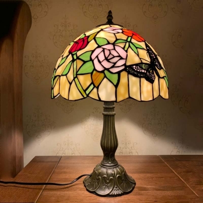 Cut Glass Dome Shade Nightstand Lamp Mediterranean 1-Bulb Bronze Finish Blossom Patterned Table Lighting