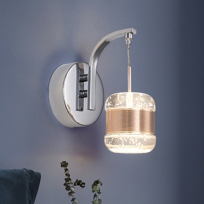 Cylinder Crystal Wall Lighting Ideas Modern Bedroom LED Sconce Lamp in Chrome with Rose Gold Band