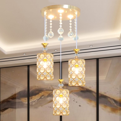 Cylinder Drop Lamp Contemporary Faceted Crystal 3 Lights Gold Finish Multi-Light Pendant