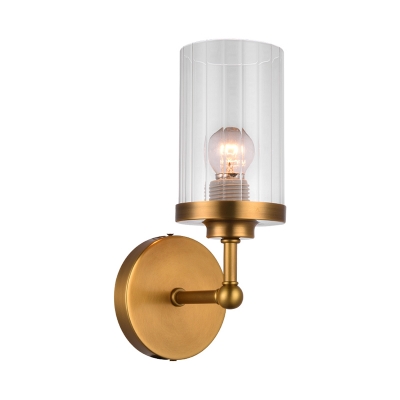 Cylindrical Wall Mount Lighting Fixture Simple Clear Striped Glass Single Brass Wall Sconce for Living Room