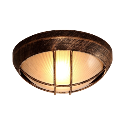 Dome Corridor Flush Mount Countryside Prismatic Frosted Glass 1-Light Bronze Flushmount with Cage