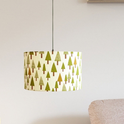 Drum Fabric Suspension Light Kids 1-Bulb White Hanging Pendant Lamp with Bird/Bear/Tree Pattern