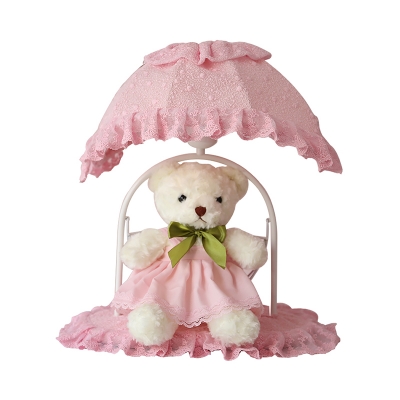 Fabric Pink Nightstand Light Canopy 1 Light Pastoral Table Lamp with Plush Bear Decoration