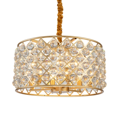 Faceted Crystal Orbs Gold Drop Lamp Crisscrossed-Woven Drum 6 Bulbs Modern Chandelier