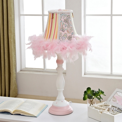 Flared Girl Bedside Table Light Macaron 1-Light Fabric Night Lamp with Fluffy Trim in Pink