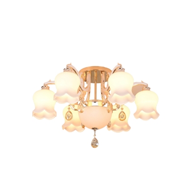 Floral Dining Room Semi Flush Chandelier Vintage Milk Matte Glass 4/7-Head Gold Ceiling Mount Lamp