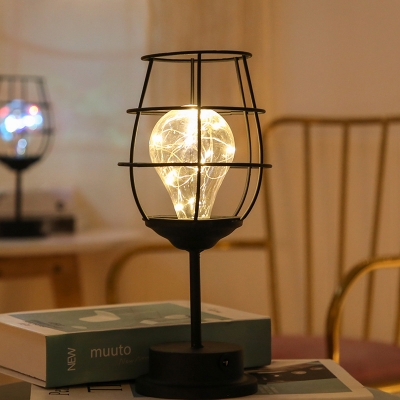 Goblet Caged Small Night Lamp Modern Iron Black USB LED Table Lighting in Warm/Multi-Color Light