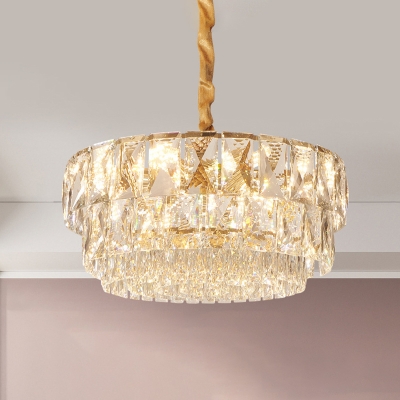 Gold 10 Bulbs Chandelier Lighting Nordic K9 Crystal Block 3-Tier Round Suspension Lamp