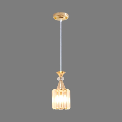 Gold Drum Shade Suspension Pendant Simple 1 Head Crystal Block Ceiling Hang Fixture for Dining Room