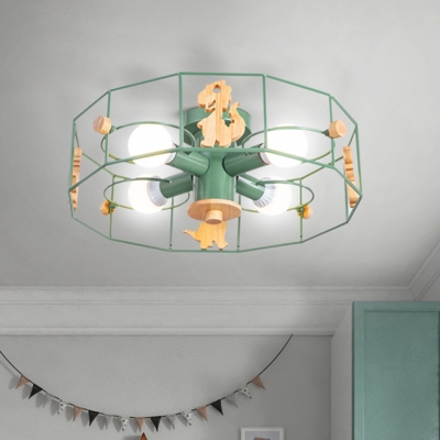 Green Polygon Cage Semi Flush Chandelier Cartoon 4 Bulbs Metal Ceiling Light with Wood Dinosaur