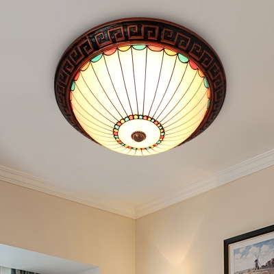 Half-Sphere Opal Glass Flush Light Vintage 2-Head Bronze Ceiling Mounted Lamp with Oriental Trim