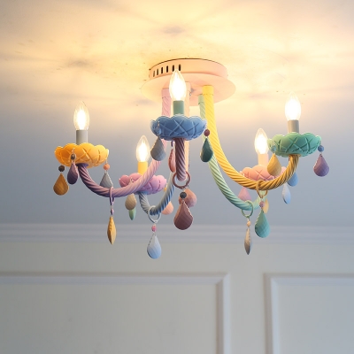 Iron Candelabra Flush Chandelier Macaron 5/6 Heads Multi-Color Semi Mount Lighting with Stained Glass Drop