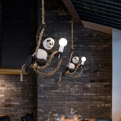 Jungle Panda Pendant Lamp Cartoon Resin 1 Bulb Black and White Pendulum Light with Rope Cord
