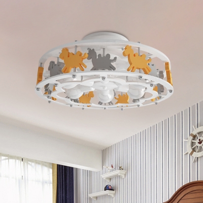 Kids 6-Bulb Close to Ceiling Lamp White and Orange Camel Carousel Semi Flush Mount with Wood Frame