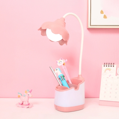 Kids LED Reading Light Grey/Pink/Blue Flower Study Lamp with Plastic Shade and Pen Container Base