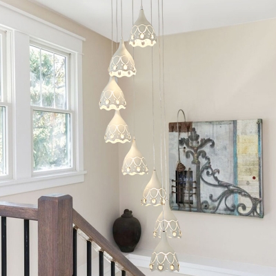Laser Cut Scalloped Cluster Pendant Nordic Metal 8 Heads White Hanging Ceiling Light for Stair