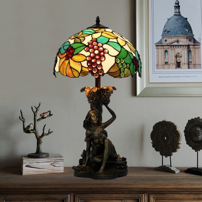 

Maid and Grapes Table Light Baroque Resin 1-Bulb Green Night Lamp with Dome Tiffany Glass Shade, HL628376