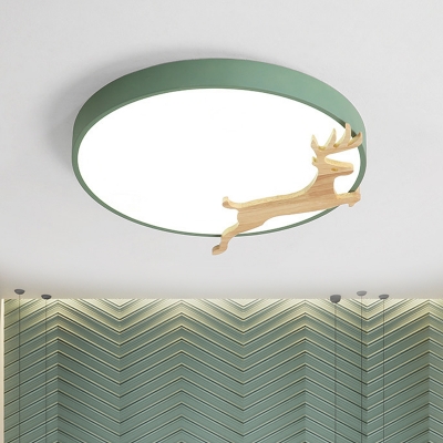 Metal Round Flush Light Fixture Macaron LED Flush Mounted Lamp in Grey/Green/White with Wooden Deer Deco
