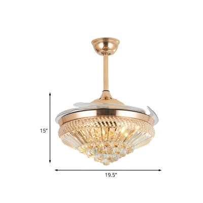 Modernism Conic Hanging Fan Light Faceted Crystal Living Room LED Semi Flush Mount in Gold with 5 Clear Blades, 19.5