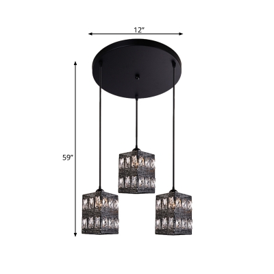 Modernism Cuboid Crystal Cluster Pendant Light 3 Lights Hanging Lamp Kit in Black with Round Canopy