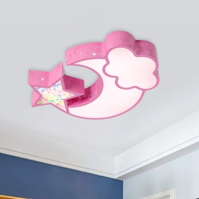Night Sky Flush Mount Ceiling Fixture Kids Iron White/Pink/Blue LED Flushmount Lighting for Bedroom