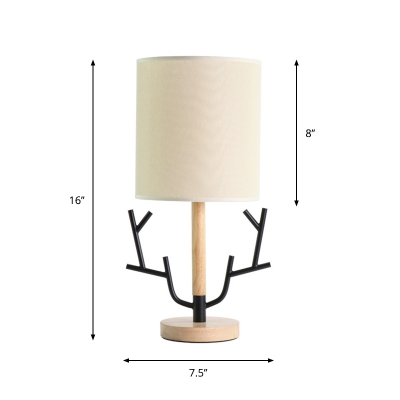 Nordic 1 Head Night Light Wood Cylindrical Table Lighting with Fabric Shade and Antler Hook Design