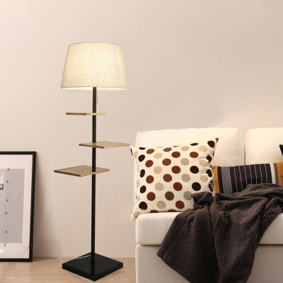 Nordic Functional Tapered Drum Floor Lamp Fabric 1-Light Sitting Room Standing Light with 3-Layer Wood Rack