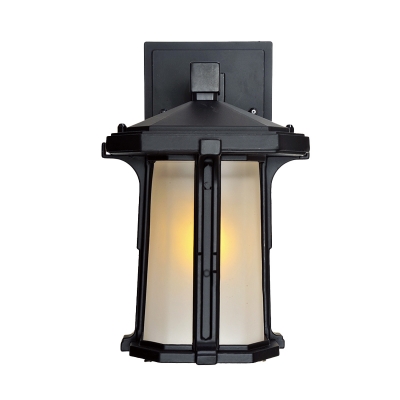 Pavilion Shaped White/Tan Glass Wall Light Traditional 1 Head Outdoor Wall Mount Lighting in Brass/Black